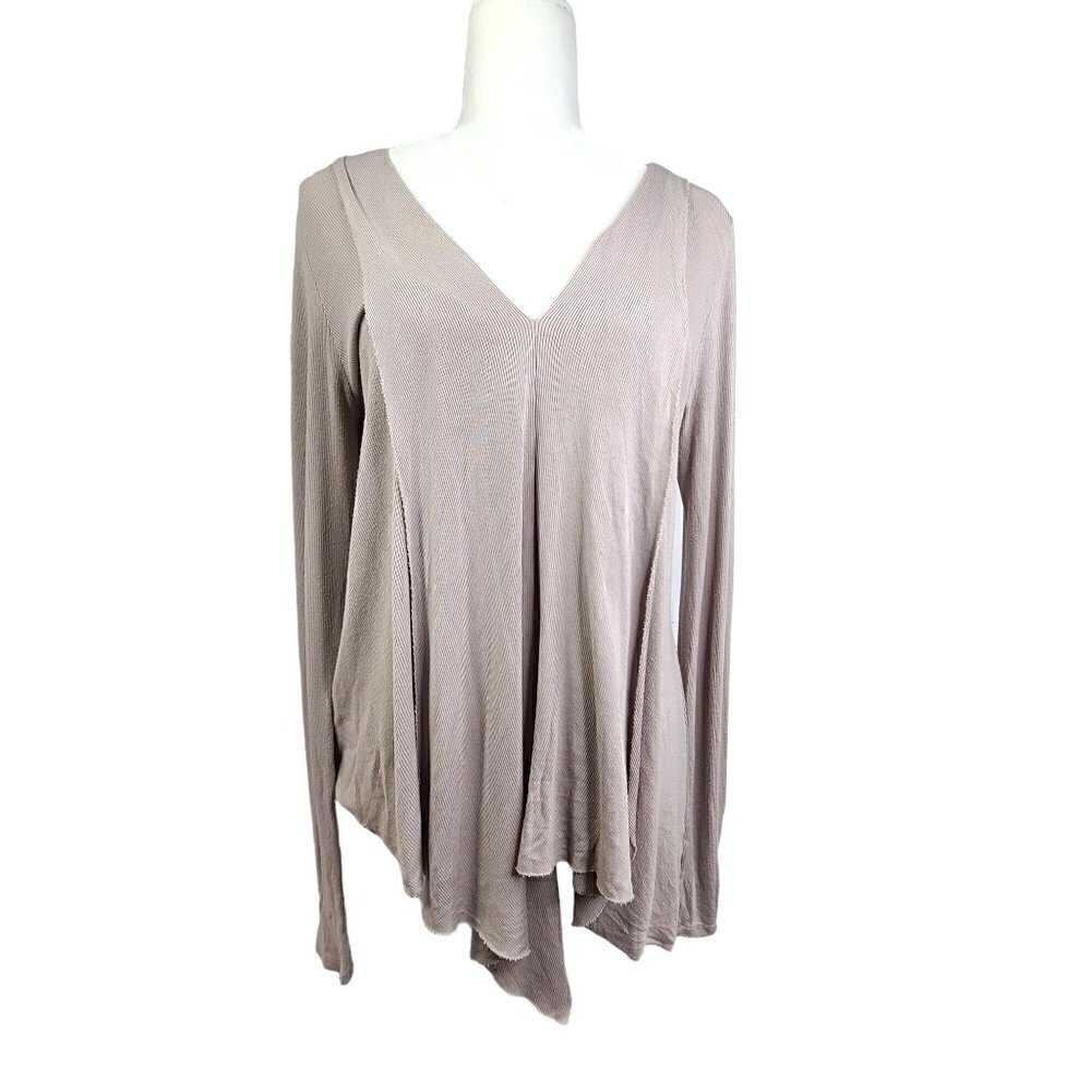 sen Greige Soft Ribbed VNeck Designer Asymmetrical Tunic Dress Top Lagenlook USA